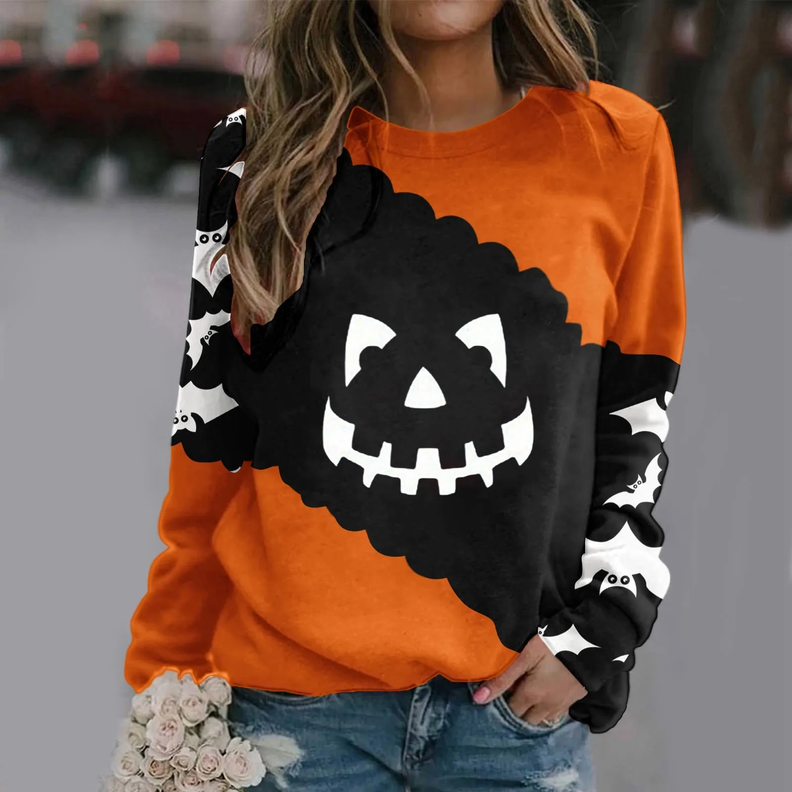 Tendência de Halloween feminina com capuz estampado, gola redonda, manga comprida, jumper confortável casual, personalidade, moletom de combinação, moda