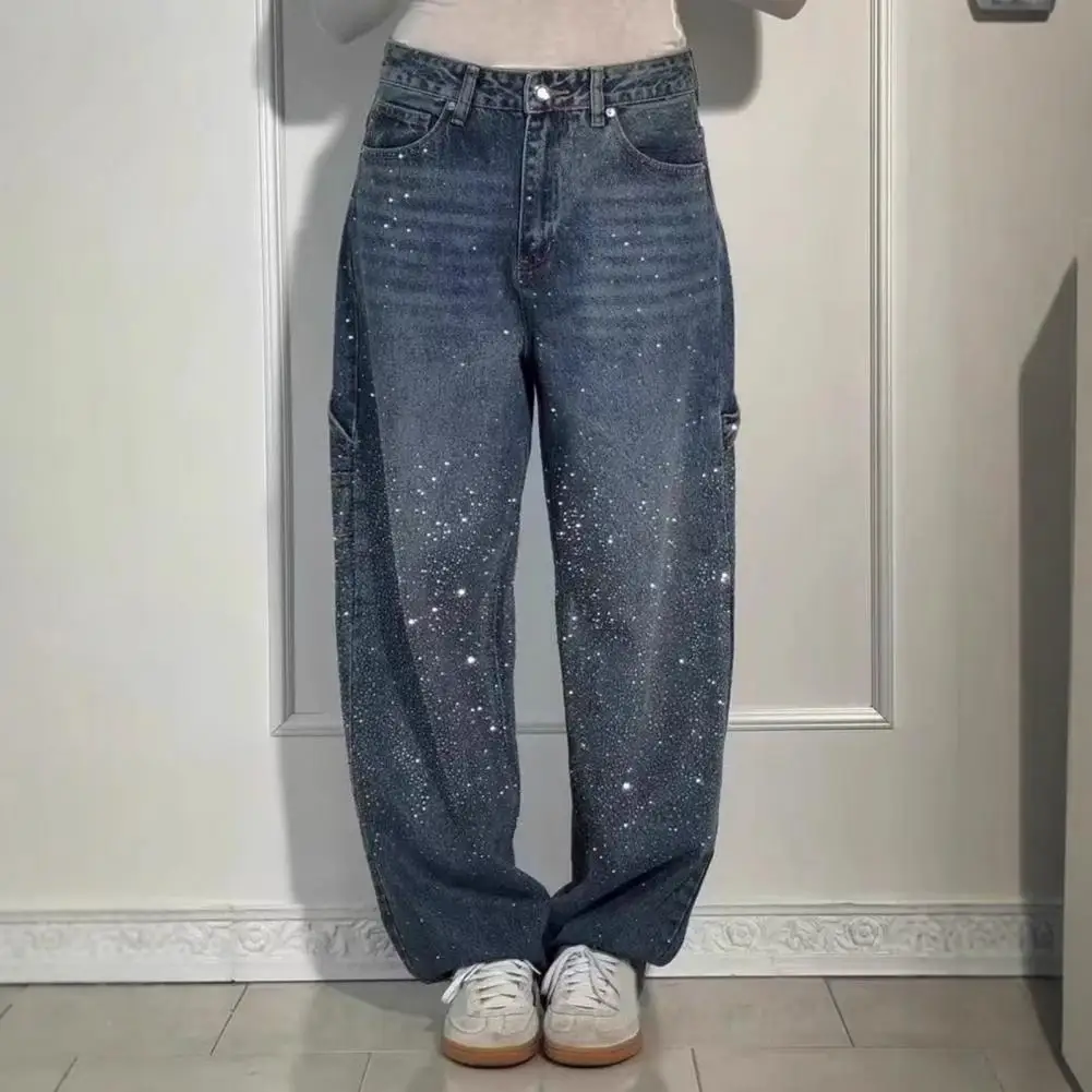 Chic Rhinestones Jeans Women Loose Pocket Versatile Zipper Low Waist Straight Denim Trousers Female 2025 Spring Lady Streetwear