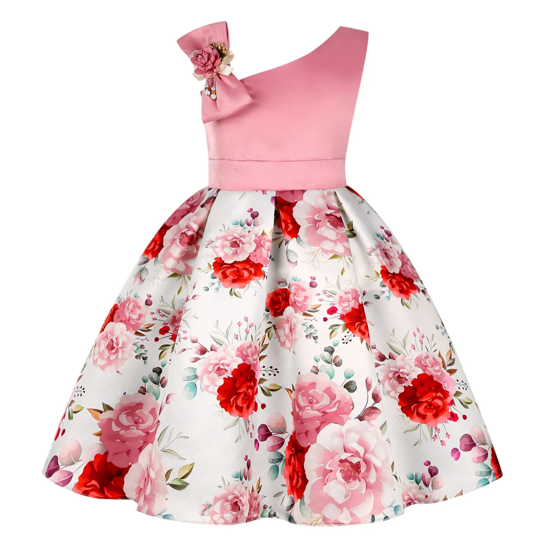 Kids Floral Dress Girls Clothes Vintage Print Princess Shoulder Dresses Children Festive Slanted Evening Formal Prom Gown Ball