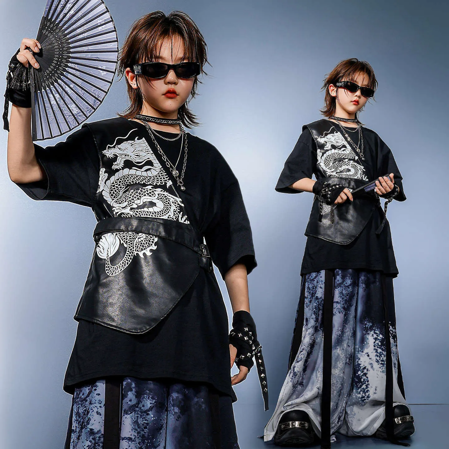 

Kid Chinese Wuxia Hip Hop Clothing Black Dragon One Shoulder Vest Ink Print Wide Leg Pants for Girl Boy Dance Costumes Clothes