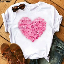 Pink Heart Flower Print Women T-Shirt Casual White Tops Summer Short Sleeve Women T Shirt Kawaii Love Print Female Tees clothing