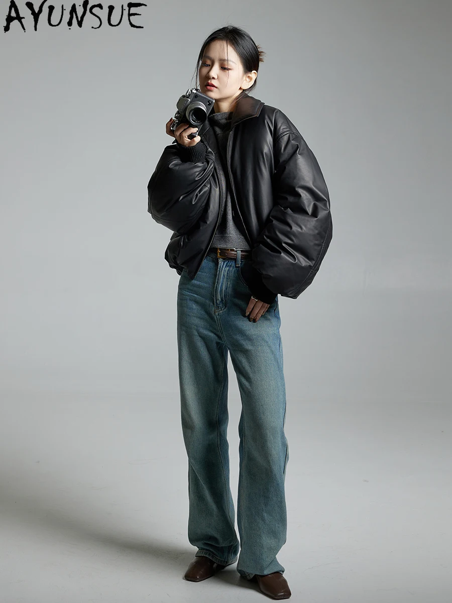 AYUNSUE Kurtka damska z prawdziwej skóry owczej, odzież zimowa, 90% białego puchu gęsiego, płaszcze damskie w stylu vintage, Jaqueta De Couro