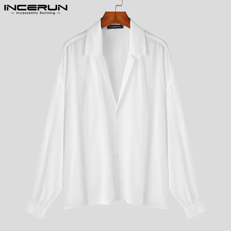 INCERUN Tops 2024 Korean Style Handsome Men\'s Sexy Slightly Transparent Shirts Casual Streetwear Male Long Sleeved Blouse S-5XL