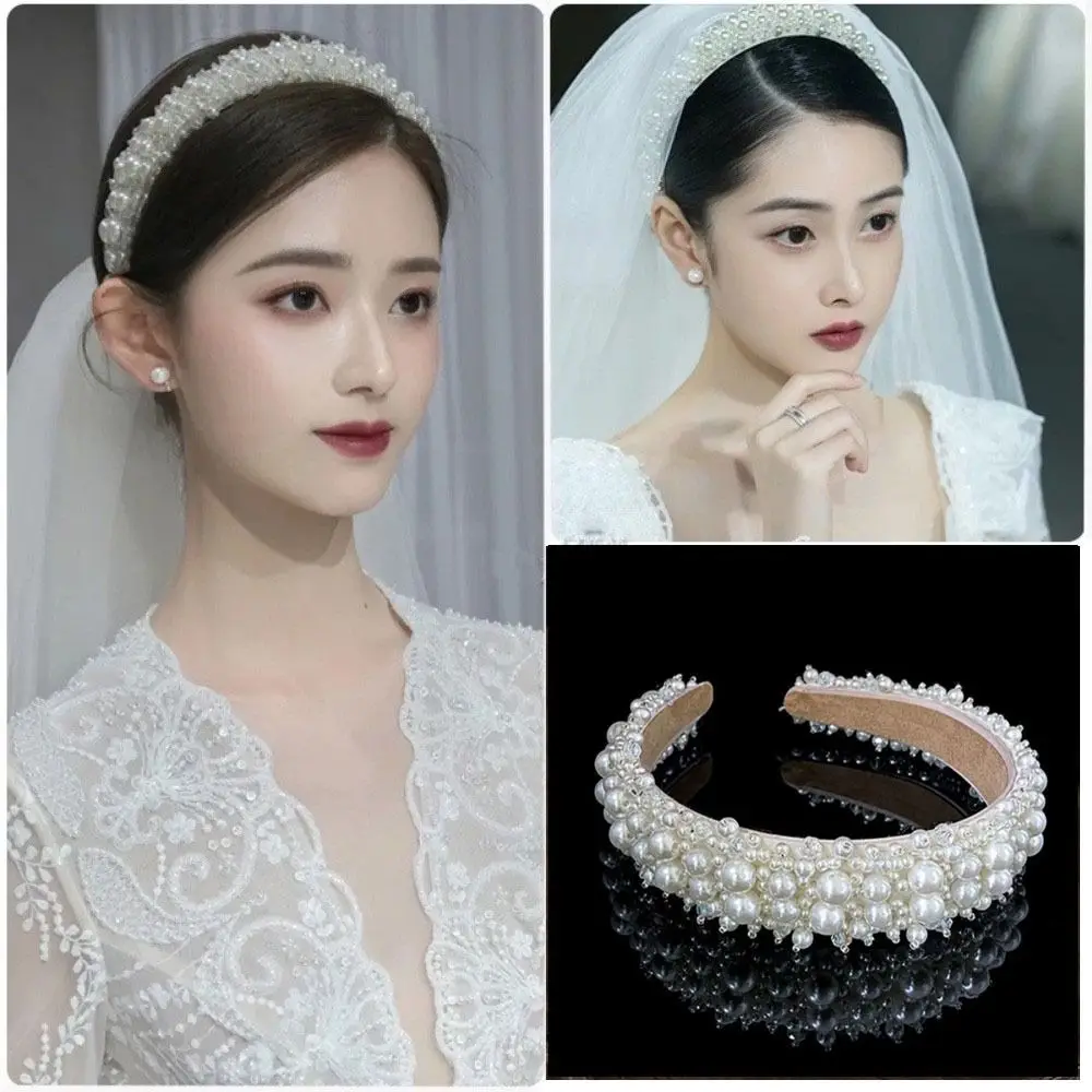 

Elegant Wide Side Bridal Hair Hoop Large Korean Style Pearl Headbands Baroque Handmade Women Hairbands Women