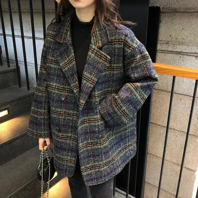 Women's Plaid Spring Coat 2026 New Korean Loose V-neck Female Retro  Age-reducing Jacket Medium To Long Ladies Woolen Overwear