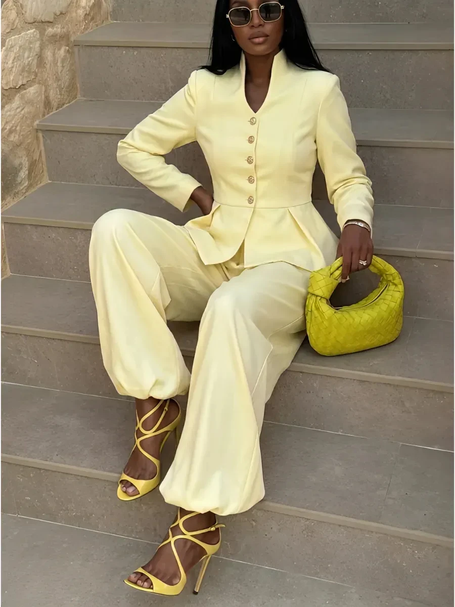 Laru 2026 Light Yellow Peplum 2Pcs Women Suit V Neck Button Blazer Elastic Cuff Pants Elegant Office Summer Matching Set view 4