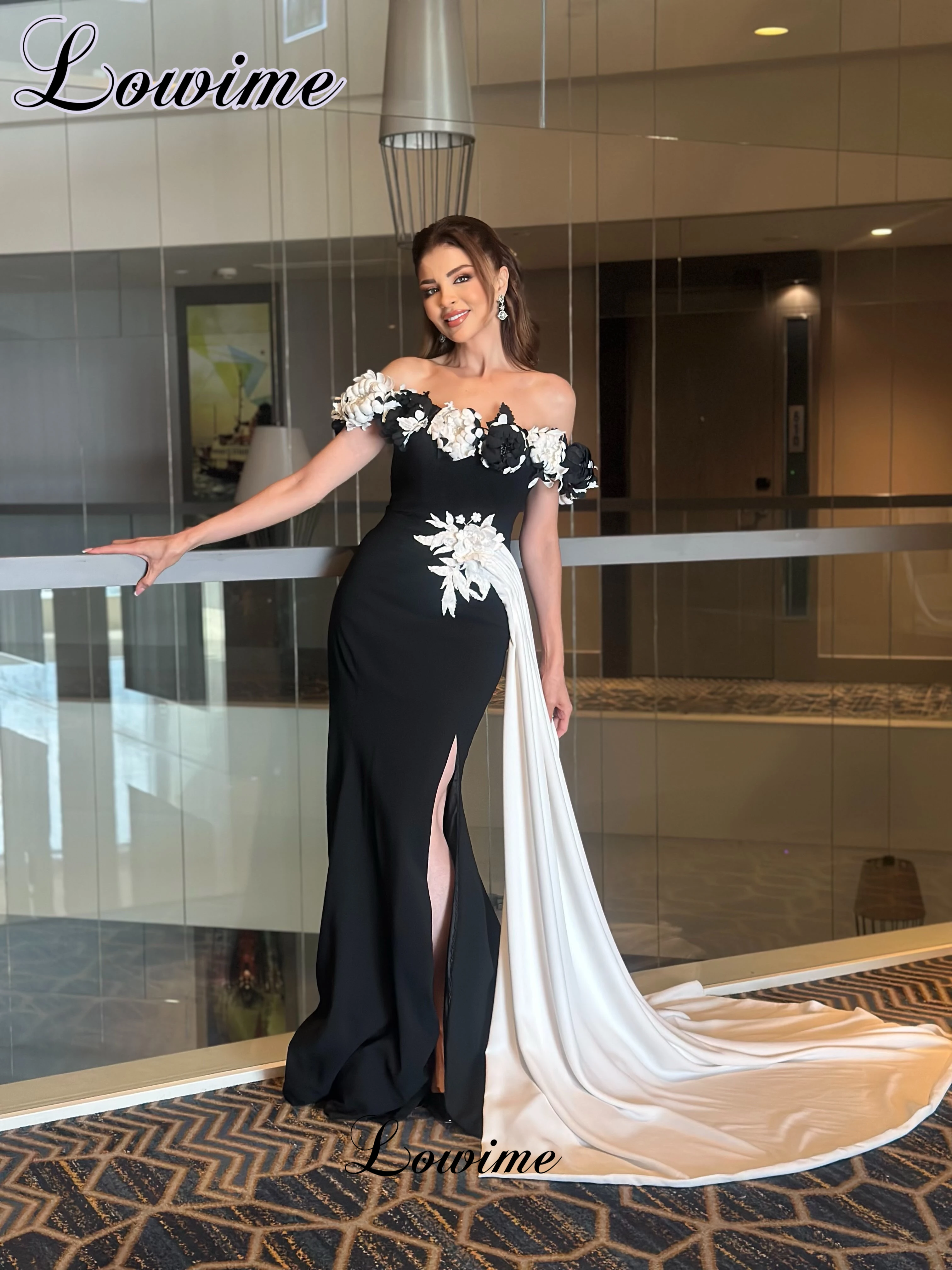 2026 Newest Black And White Prom Dresses With Flowers Arabic Off Shoulder Evening Party Dresses Elegant Robe Femme Customized TJ