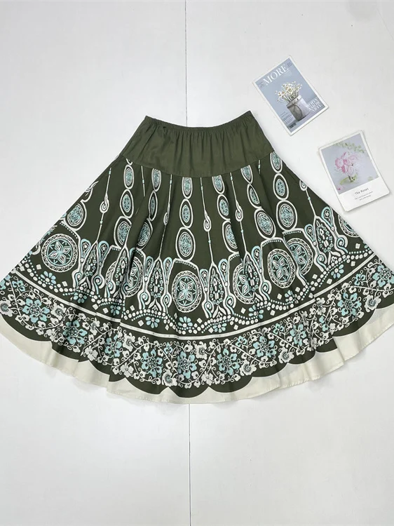 

Ethnic Print A-Line Skirt Women's Dr Summer 2025 New Sle Long Cotton Skirt Middle Waist Design Floral Patterned Dr