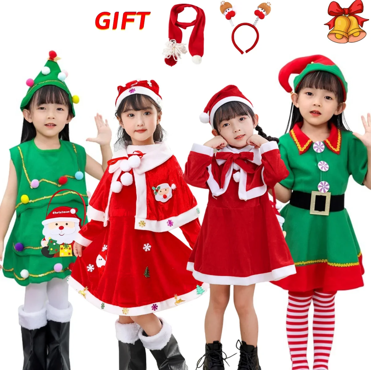 

Kids Christmas Cosplay Costume Santa Claus Baby Xmas Outfit Set Dress Pants Tops Hat Cloak Belt Girls party Set