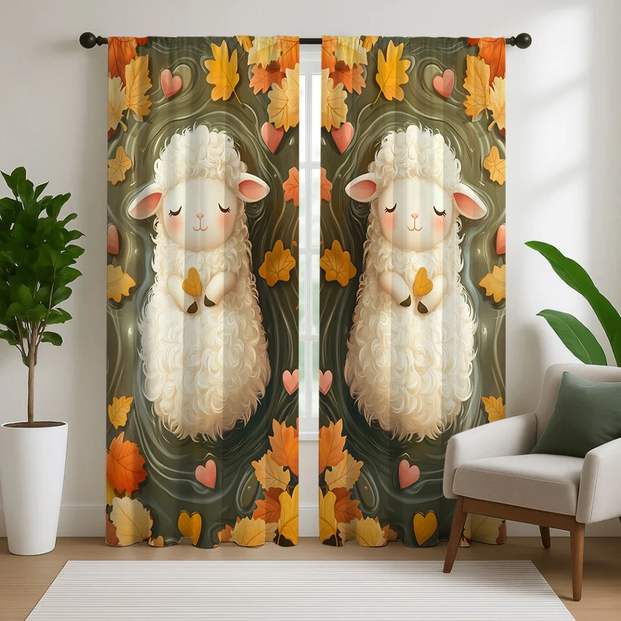 2PCS Digital Print Curtain, Sheep in Water Autumn Leaf Heart Green, Fall Cute Animal for Living Room Bedroom Kitchen Decor