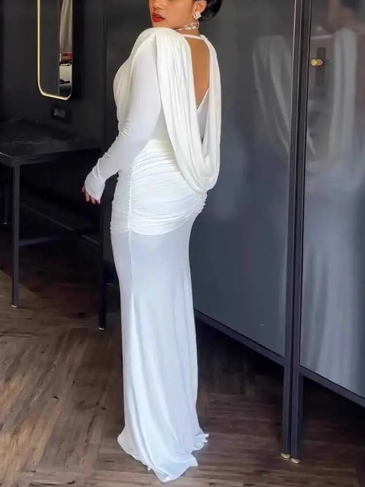 Evening Dresses Woman for Guest Party Long Sleeve Dresses Maxi Ladiess Draped Waist Classy Chic and Elegant Dress Waist Slimming