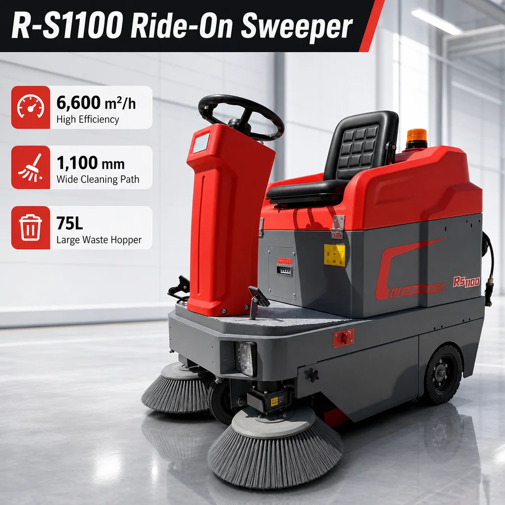 R-S1100 48V Electric Ride on Floor Sweeper 1100mm Cleaning Width Industrial Road Sweeping Machine for Warehouse Factory