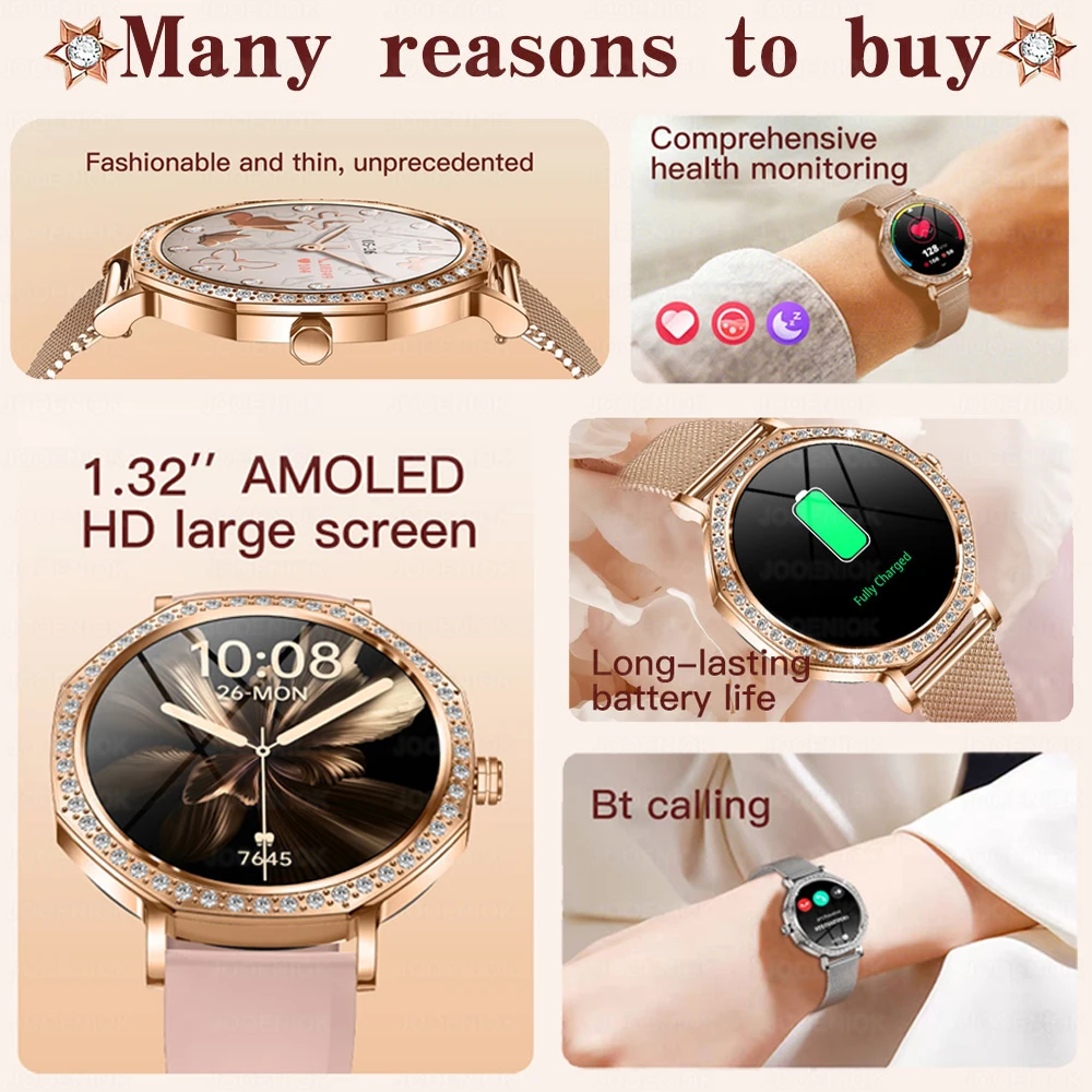 1.27 inch AMOLED Screen Fashion Ladies Smart Watch Screen Always Display Bluetooth Call Smartwatch Metal Body Small Screen Watch