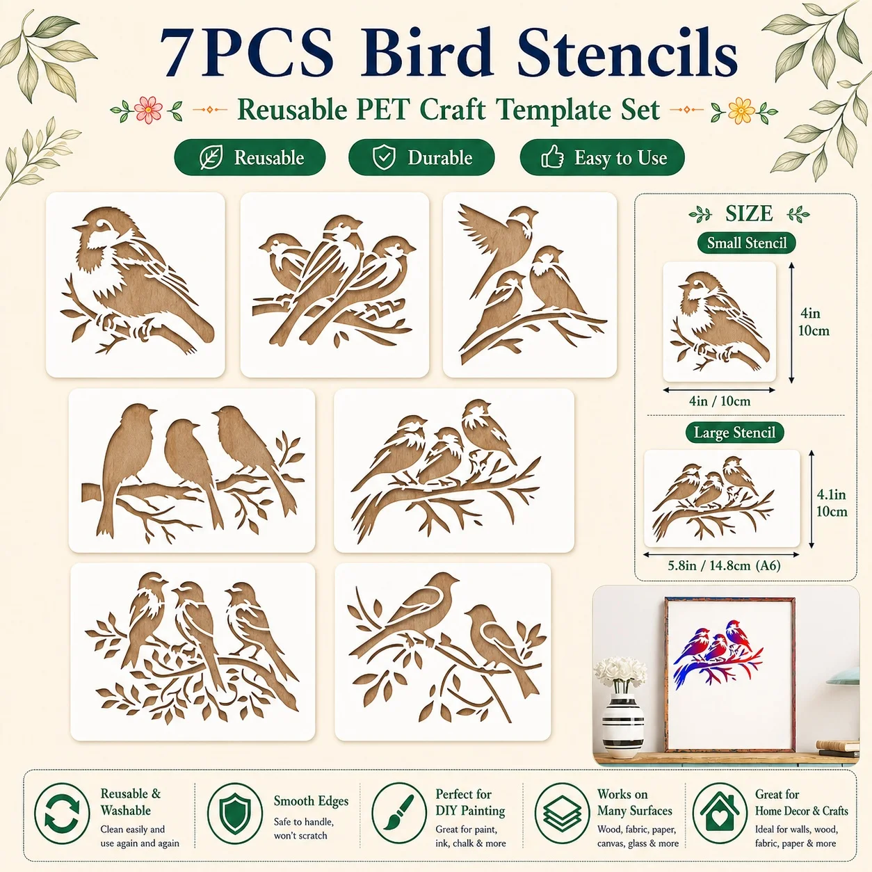 7 conjuntos de moldes de pintura de pássaros em PET - Estêncil reutilizável de beija-flor em galho de árvore para confecção de cartões, parede, tecido, móveis
