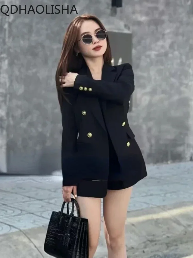 Blazers noirs à double manche pour femmes, manteau élégant, veste de mode, vêtements de bureau pour dames, printemps, nouveau, 2024