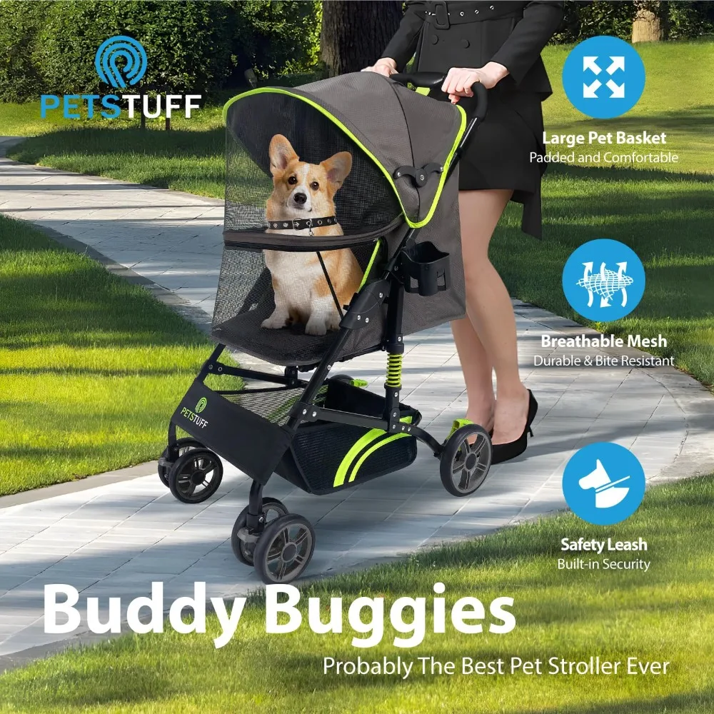 Складная коляска для домашних животных Buddy Buggies — амортизирующая рама с местом для хранения — ткань, которую можно стирать в машине — прочная сетка и защита от ультрафиолета