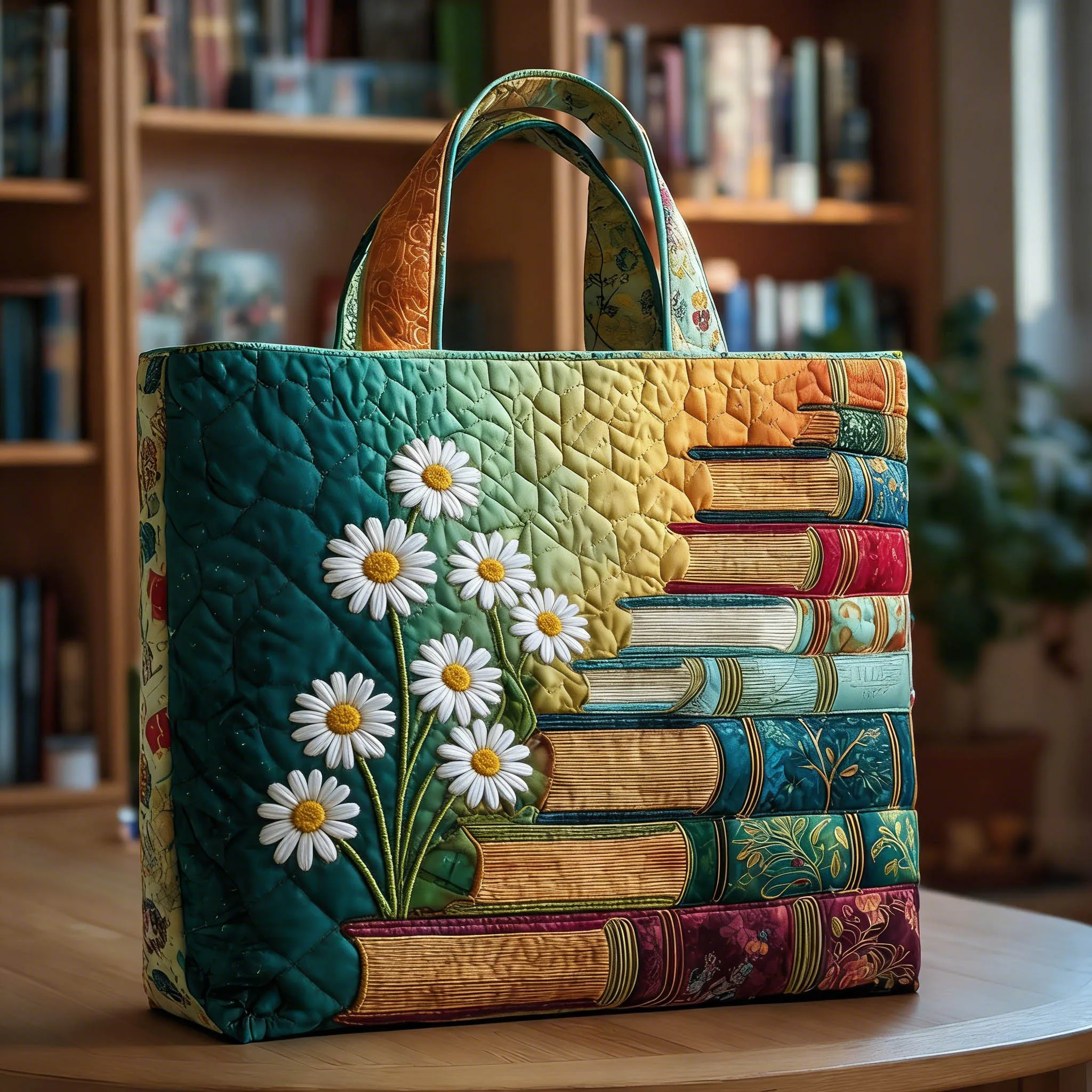 

Literary Book Daisy Print Quilted Tote Bag Women Men Retro Shoulder Handbag Reusable Casual Bag for Travel Shopping Daily Use