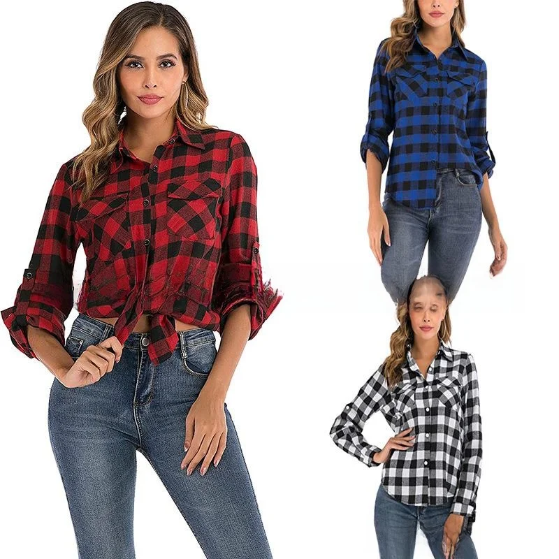 

Women's Long Cotton Plaid Lapel irt Comfortable Breathable Eco-friendly Material Autumn Season Children's Home Clothes