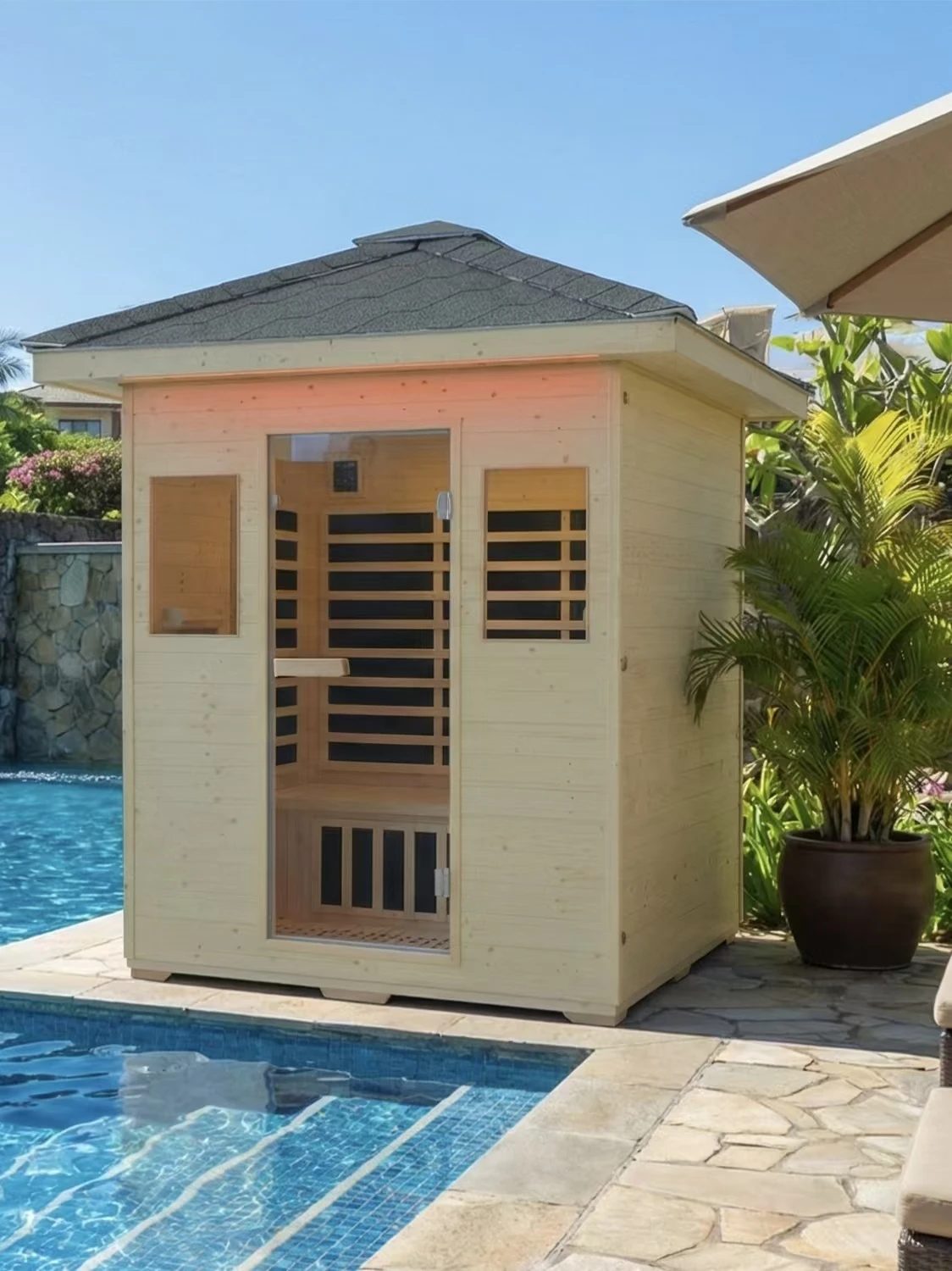 Outdoor Far Infrared Graphene Sauna Room, Natural Spruce Wood Low EMF Home Sauna Cabin with Waterproof Asphalt Roof, Color Light Therapy for Home Backyard Spa