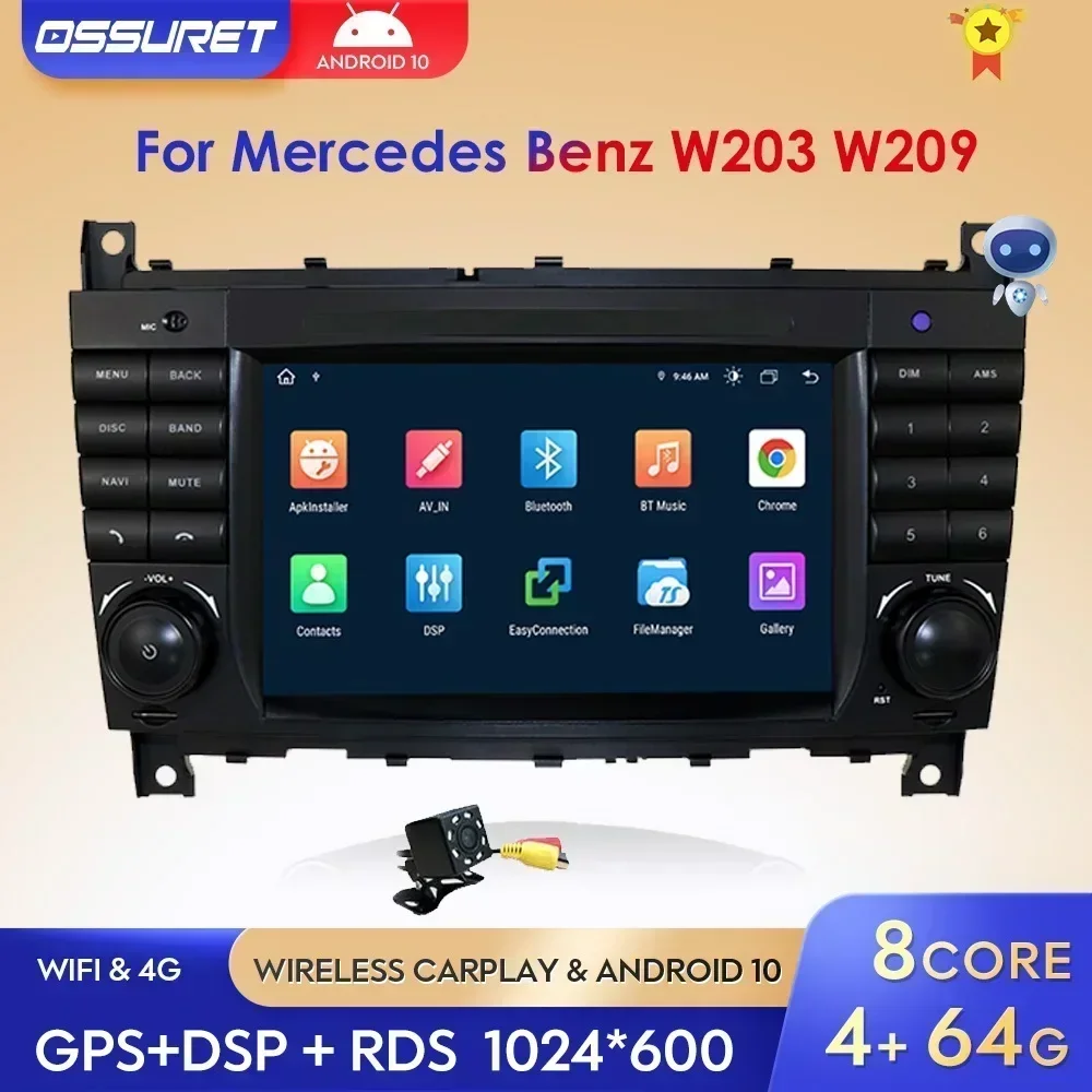 Octa Core Android10 AI Voice 4+64G for Mercedes Benz C-Class W203 2004-2007 CLC CLK W209 Car Radio GPS Multimedia Player Carplay