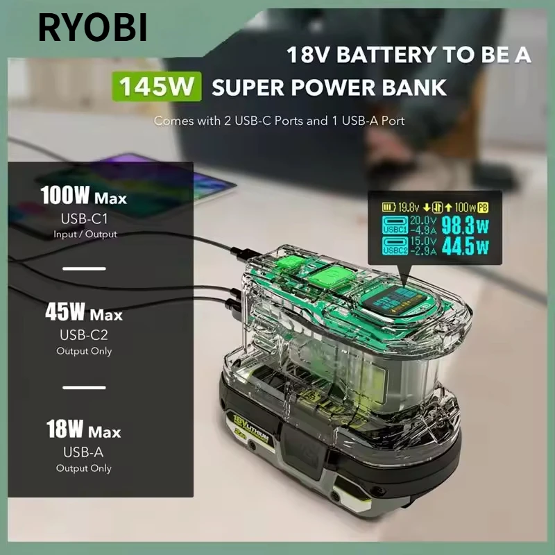100W Fast Charger Recharger for RYOBI 18V ONE+ Li-ion Battery, Two-Way USB Port & Portable Power Source for Phone Laptop