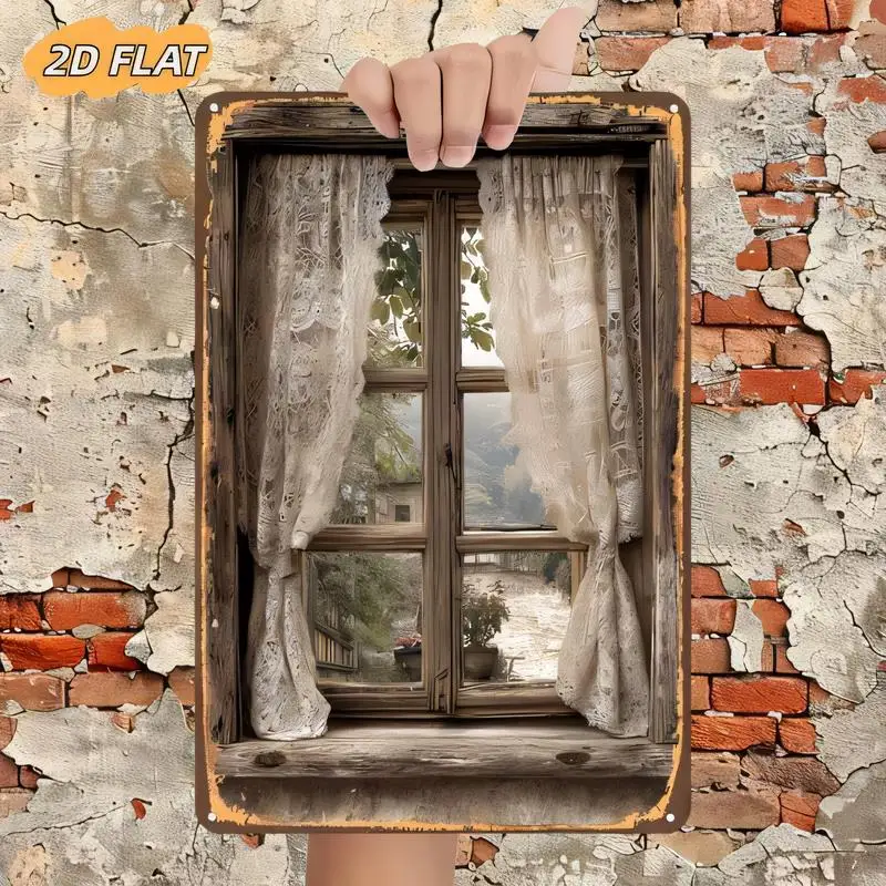 2D Flat Vintage Window w/ Lace Curtains Metal Tin Sign - Rustic Retro Wall Art (Scenic View), Iron, Perfect for Home/Cafes/Farmh