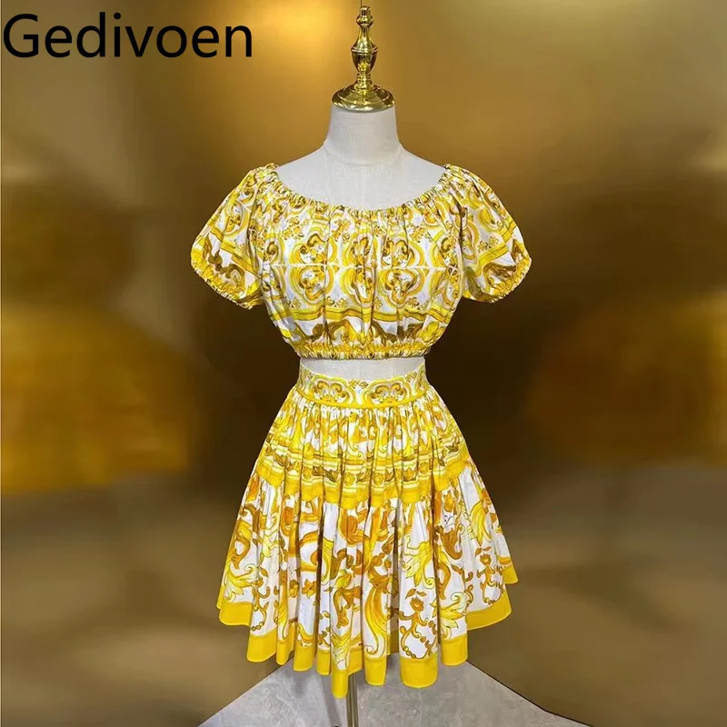 

Gedivoen Fashion Women's Suit New Vintage Short Sleeved Short Top+Mini Short Skirt Baroque Printed Cotton Two Piece Set