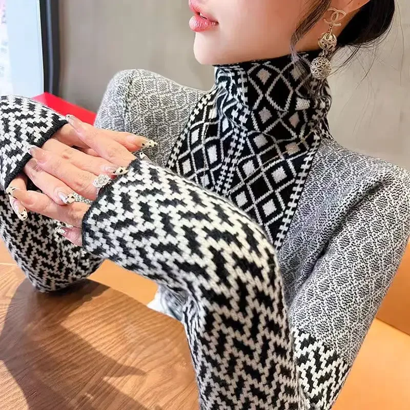 

Autumn New Chic Y2k Knitted Sweaters Women Clothing Fashion Elegant Elastic Slim Tops Vintage Warm Turtleneck Pullovers XQ361