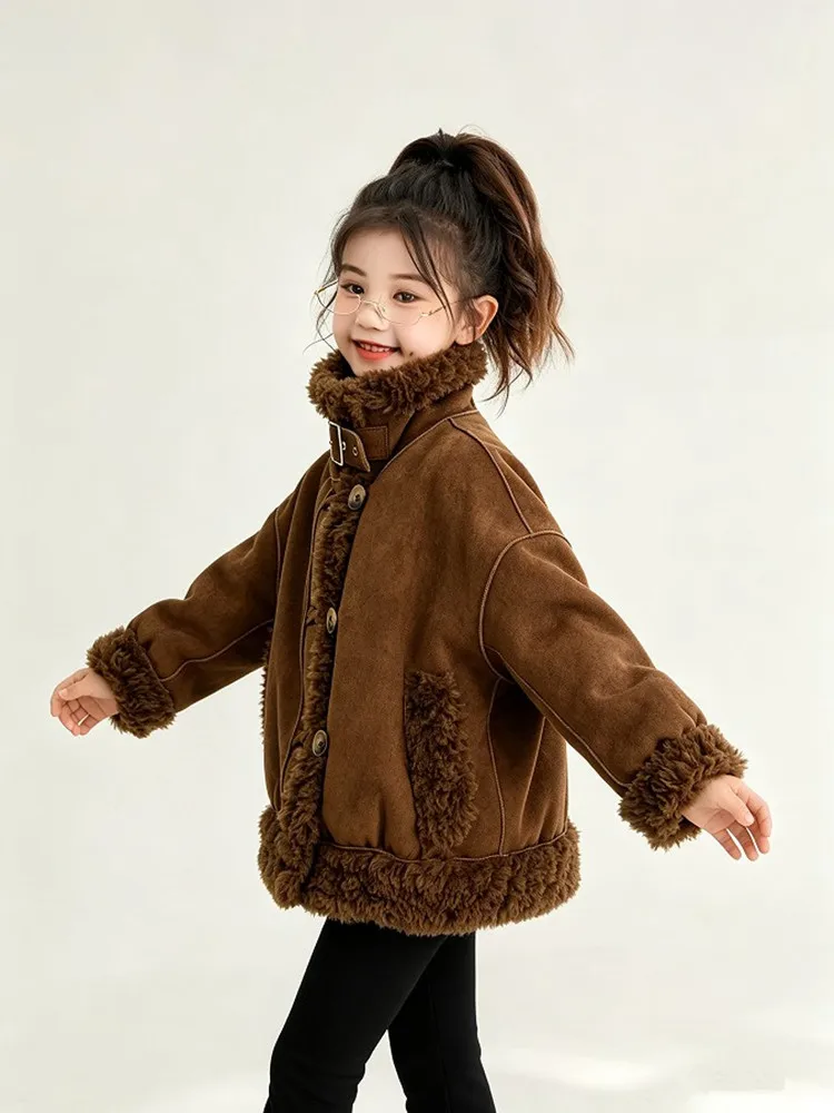 Mädchen Stehkragen Shearling-Mantel 2025 Neue Kinder-Kombinations-Lammwoll-Wildleder-Kurz-Motorradjacke Winter Warme Kinder-Oberbekleidung – Detail 7