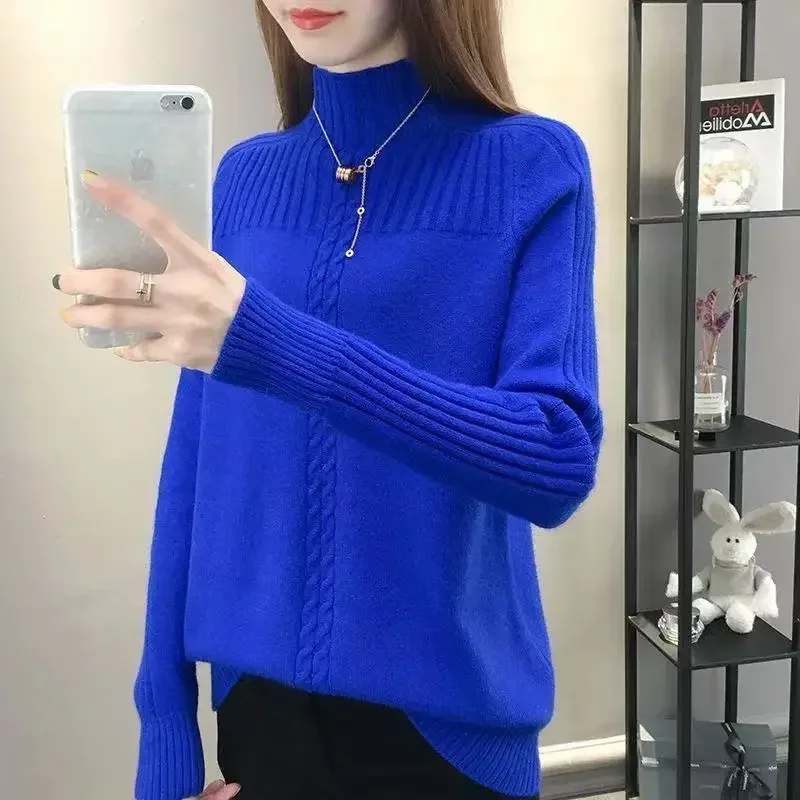 Autumn and Winter Women's Pullover High Neck Long Sleeve Solid Color Patch Screw Thread Loose Knitted Fashion Casual Tops V783