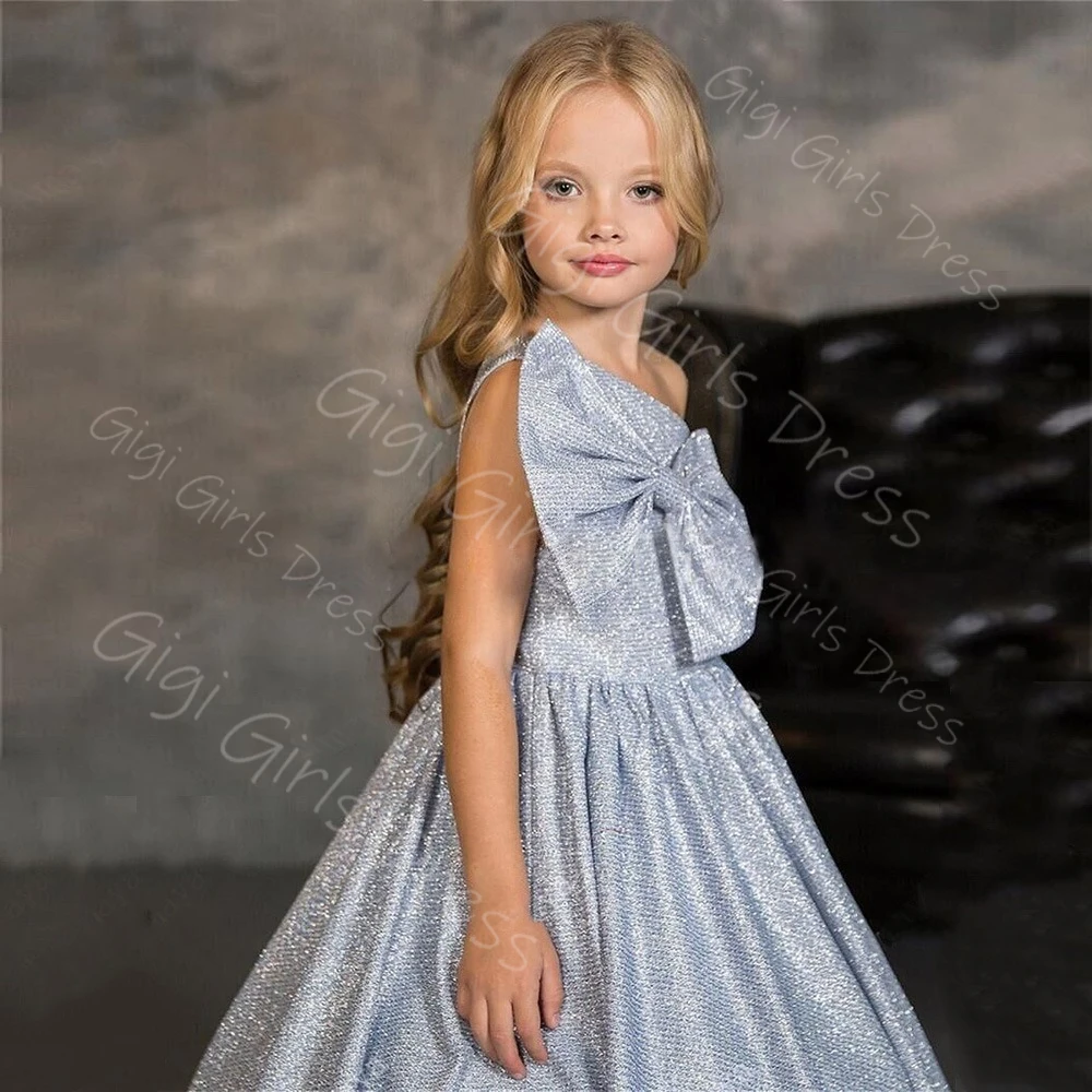 Блестящее пышное платье принцессы для девочек на одно плечо, атласное платье с цветочным узором для девочек на свадьбу, детское платье для дня рождения с бантом