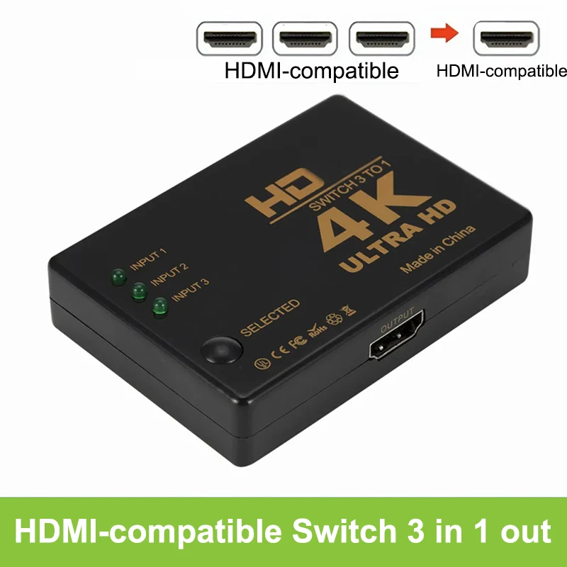 Przełącznik zgodny z HDMI Przełącznik 4K 3 wejścia 1 wyjście Full HD 1080P Rozdzielacz kabla wideo 1x3 Konwerter adaptera koncentratora do