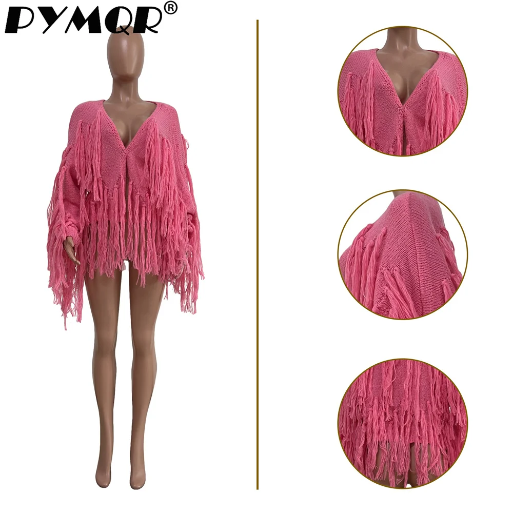 PYMQR New Solid Color Woolen Tassel Y2K Print Women Stretchy Cardican Top Coat 2023 Winter Streetwear Y2K Hip Hop Female Cloth