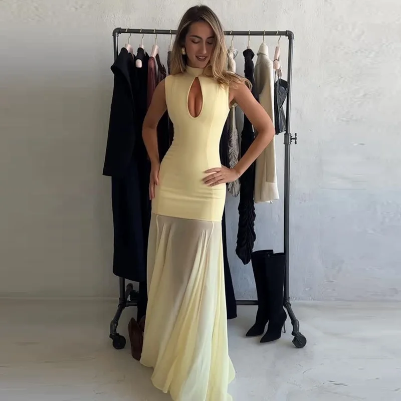 TARUXY Seksowna Sukienka z Wycięciami Elegancka Letnia Nowa Moda Bez Rękawów Szyfonowa Sukienka z Wstawkami Jednolita Długa Sukienka Damska na Imprezę