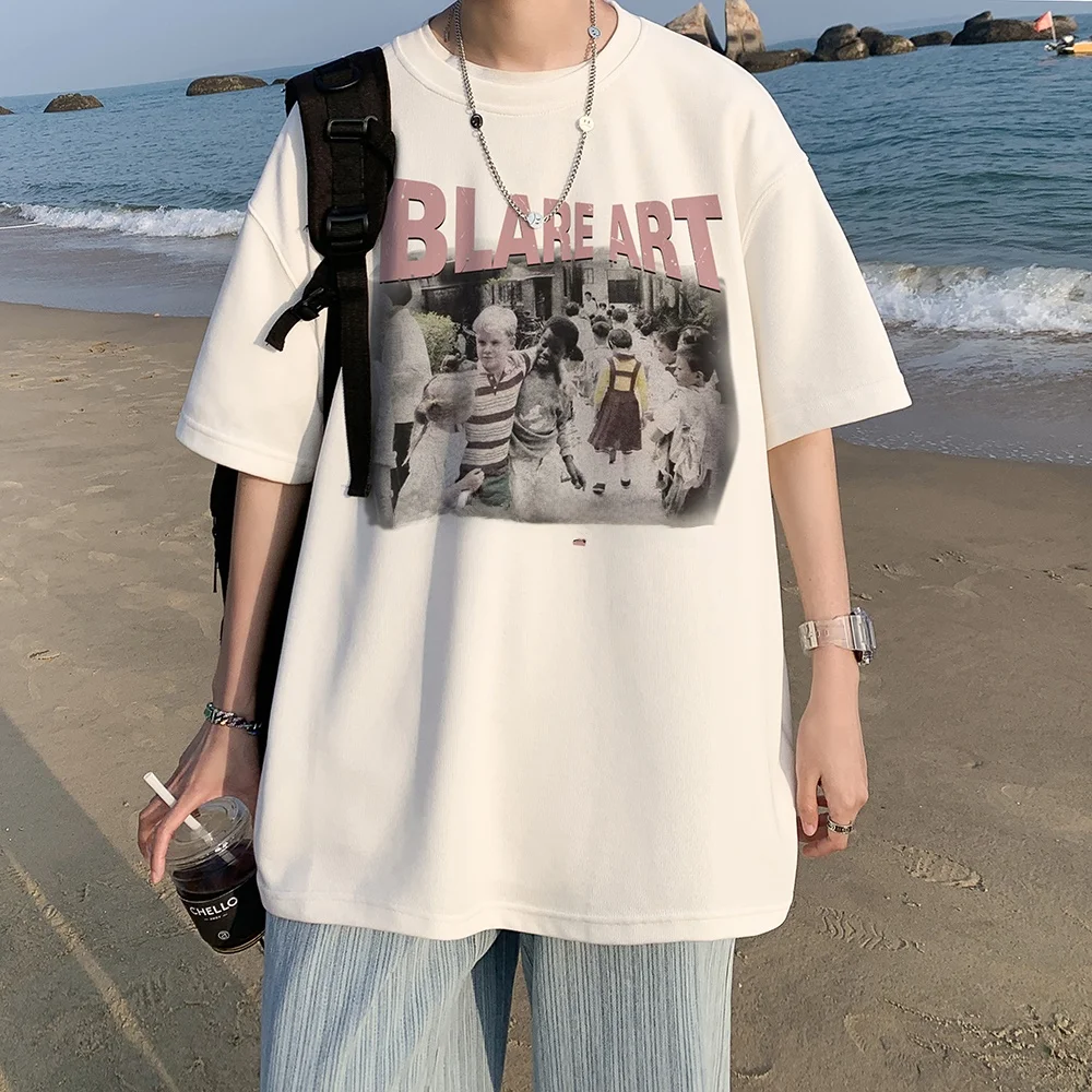 

Мужская летняя футболка из чистого хлопка с коротким рукавом, тонкая, свободного кроя, в американском ретро-стиле, молодежная модная.