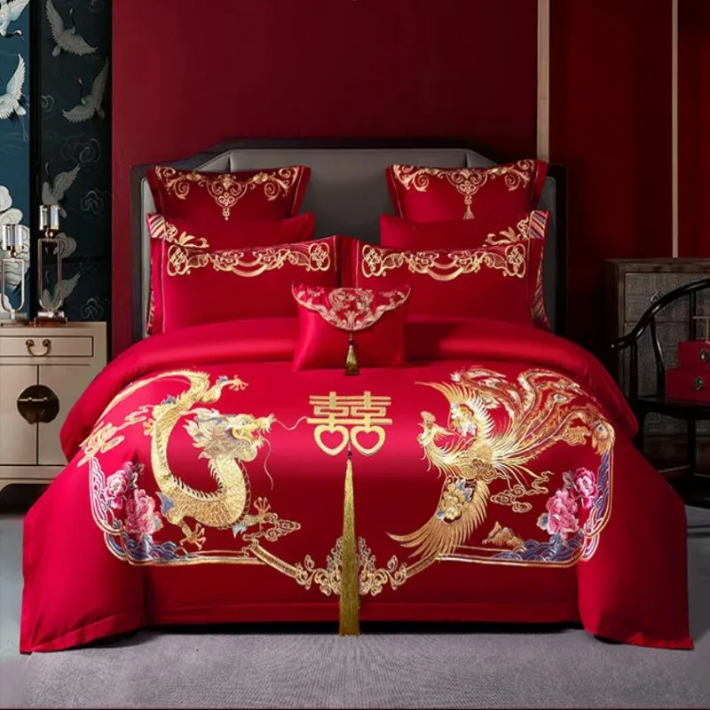 

High End Golden Loong Phoenix Embroidery Bedding Set Luxury Chinese Wedding Red Cotton Tassels Duvet Cover Bed Sheet Pillowcases