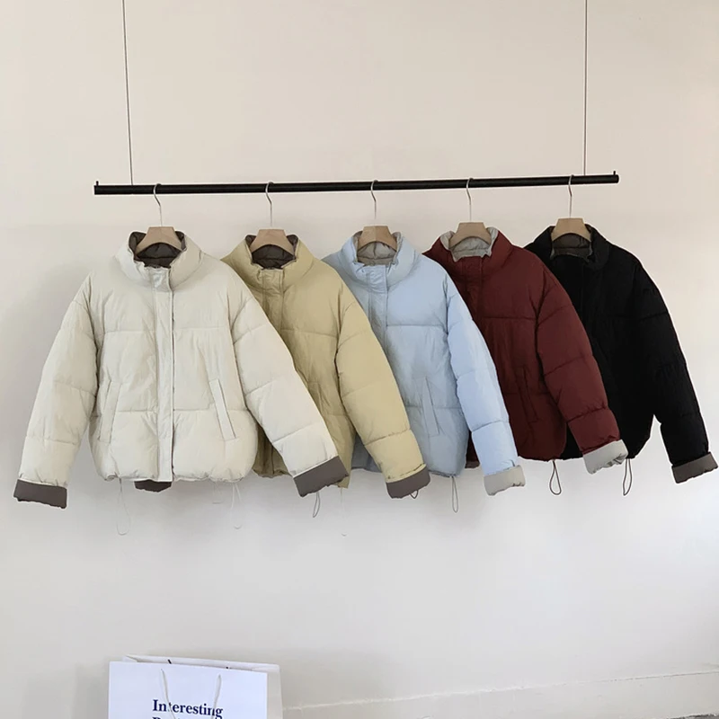 

Women Cotton Jacket Korean Style Sweet Contrasting Color Long Sleeve Loose Puffy Coats Female Thick Warm Overcoat Trendy