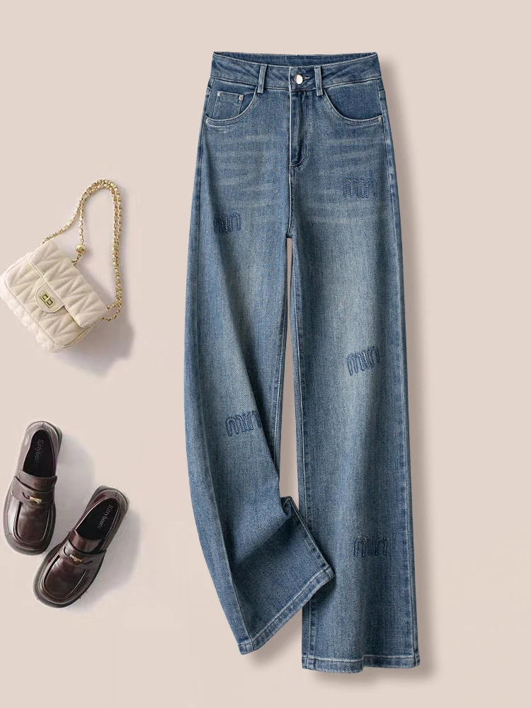 

Embroidered High Waist Straight Leg Denim Jeans Women's Spring Autumn New Popular Glitter Pants Wide Leg Pants Korean Style