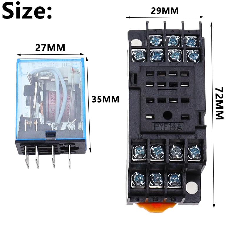 Mini relé de potencia de relé electromagnético pequeño MY4, cc 12V, 24V CC, CA 110V, CA 220V, bobina 4NO, 4NC, carril DIN 14 pines + Base, 1 Juego