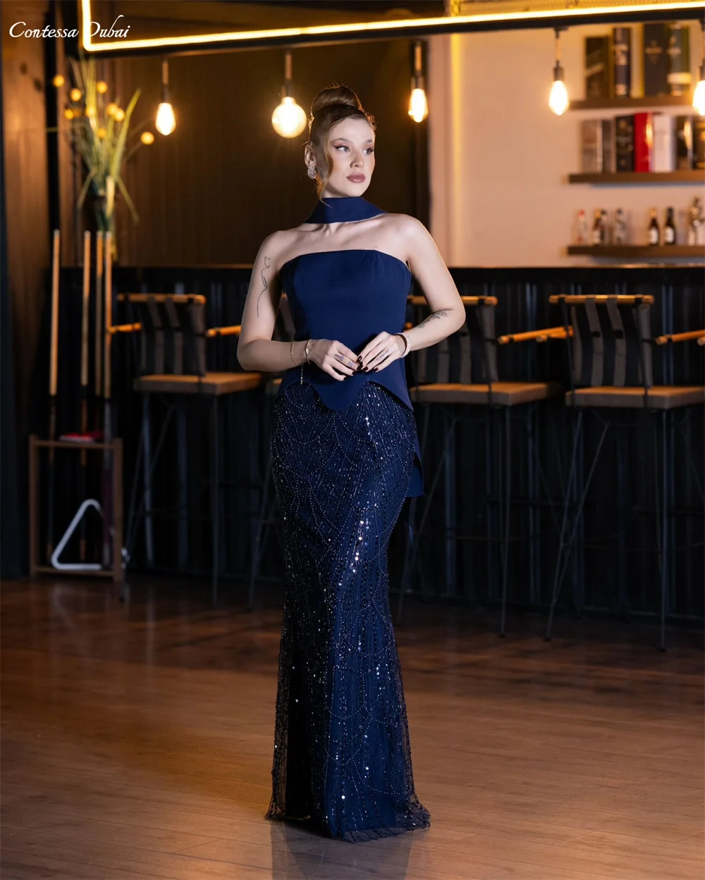 Contessa Aangepaste avondjurk galajurk feestjurk formele jurk bruiloftsgastjurk elegante strapless choker schede pailletten maxi