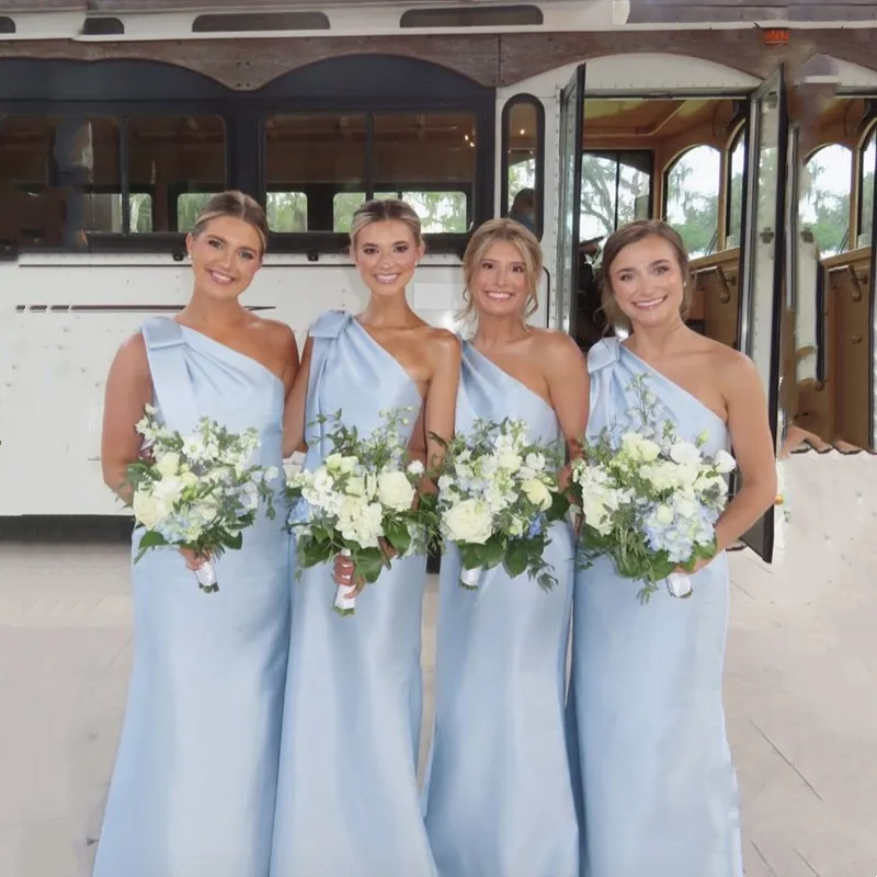 

Simple Sky Blue Mermaid Bridesmaid Dresses For Wedding One Shoulder Sleeveless Party Gowns Satin Formal Floor Length Customized