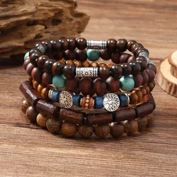 Ethnic 4-5pc/set wood bead tree Cactus Charms bracelets Hamsa Hand Butterfly Bohemia Men Bracelets For Women Female Jewelry