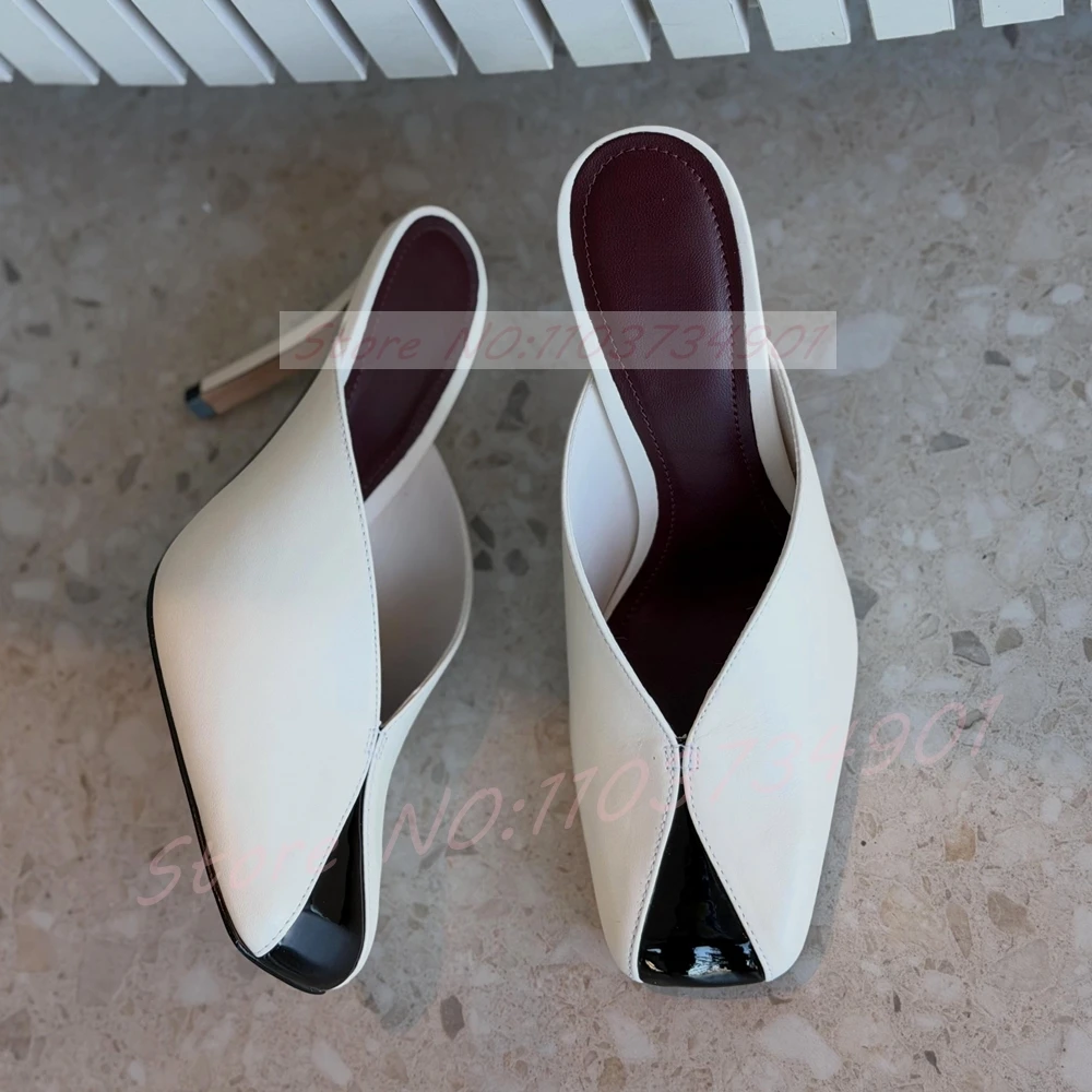 Two-Tone Patchwork Cap Closed Toe Mules Women Square Toe Pull On Leather High Heels Mules Casual Dress Shoes