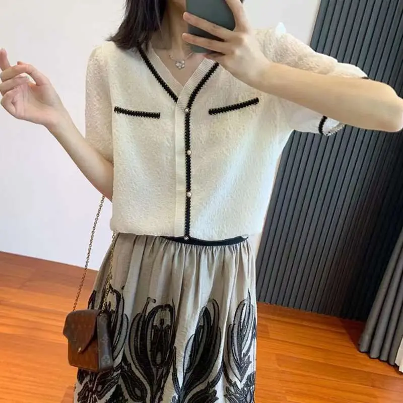 

Новый летний свитер Ele для похудения с v-образным вырезом, изысканный Gao End Sweet Sle для поездок на работу, тонкий полиэстер ort Sve, женский irt