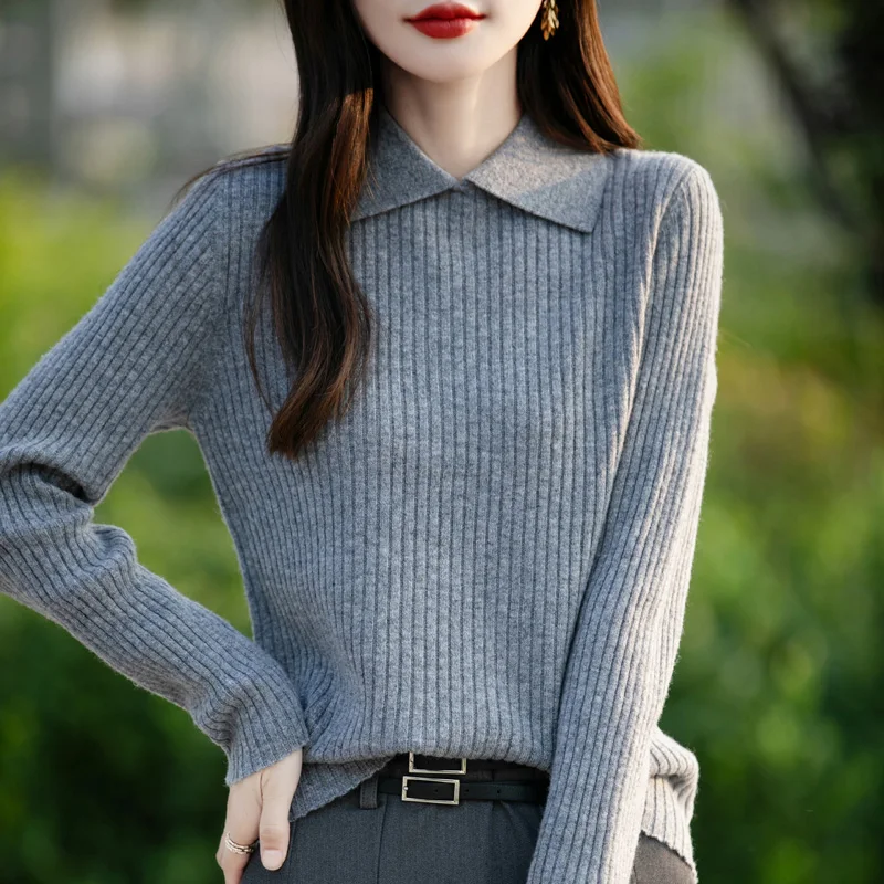 2024 Autumn Winter New 100% Pure Wool Women's Clothing.   A pullover Sweater With Loose Solid Color  Fashionable Vertical Stripe