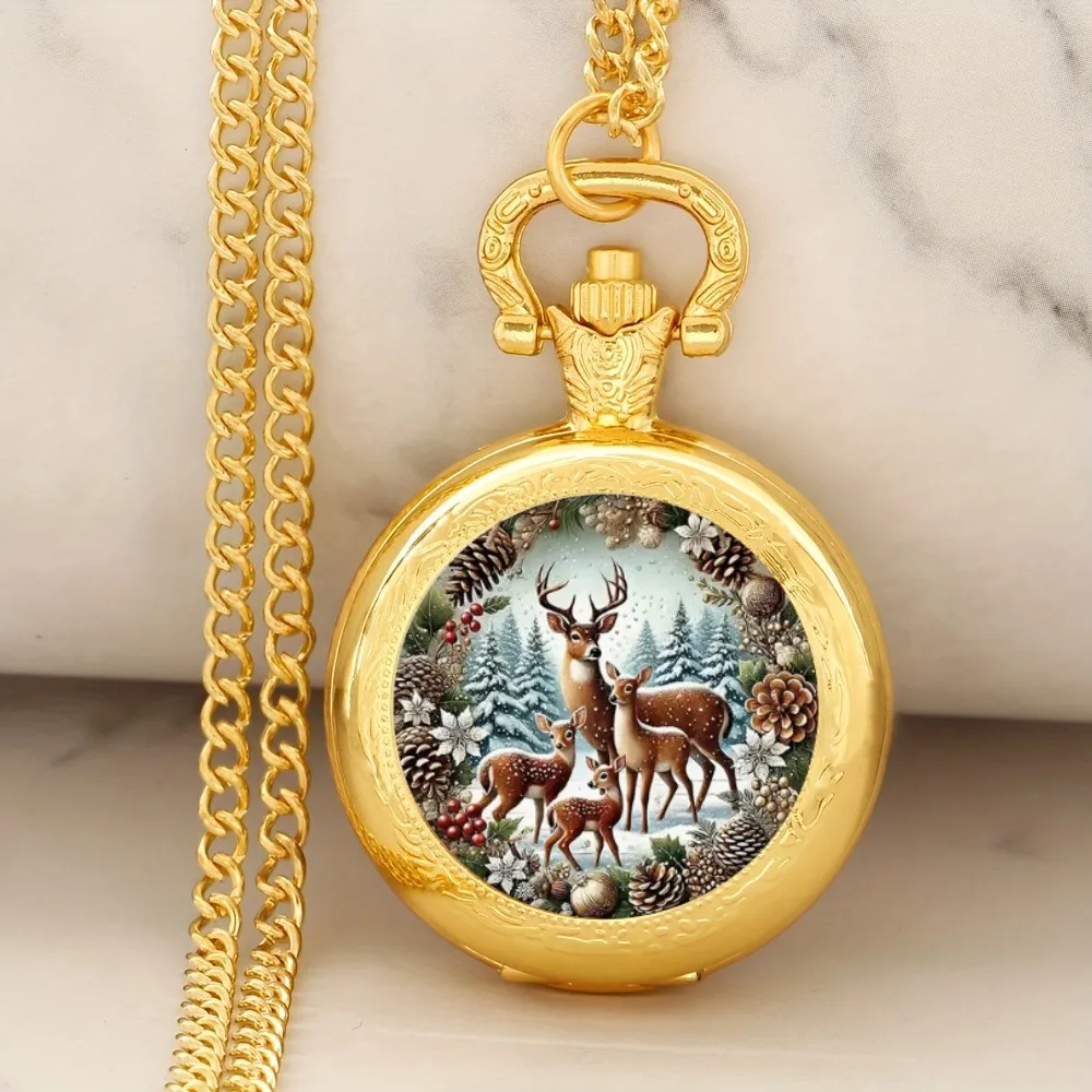 Exquisite Vintage Golden Mini Pocket Watch, Elk Animal Patterns Flip Quartz Clock, Retro Necklace Hanging Watch,Christmas Clock