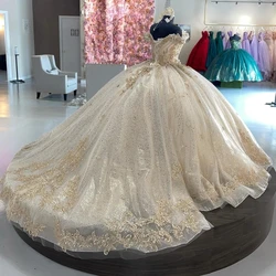 ANGELSBRIDEP błyszczące sukienki Quinceanera Vestidos De Años w kolorze kości słoniowej szampana koronkowa sukienka księżniczki suknie na imprezy urodzinowe gorset