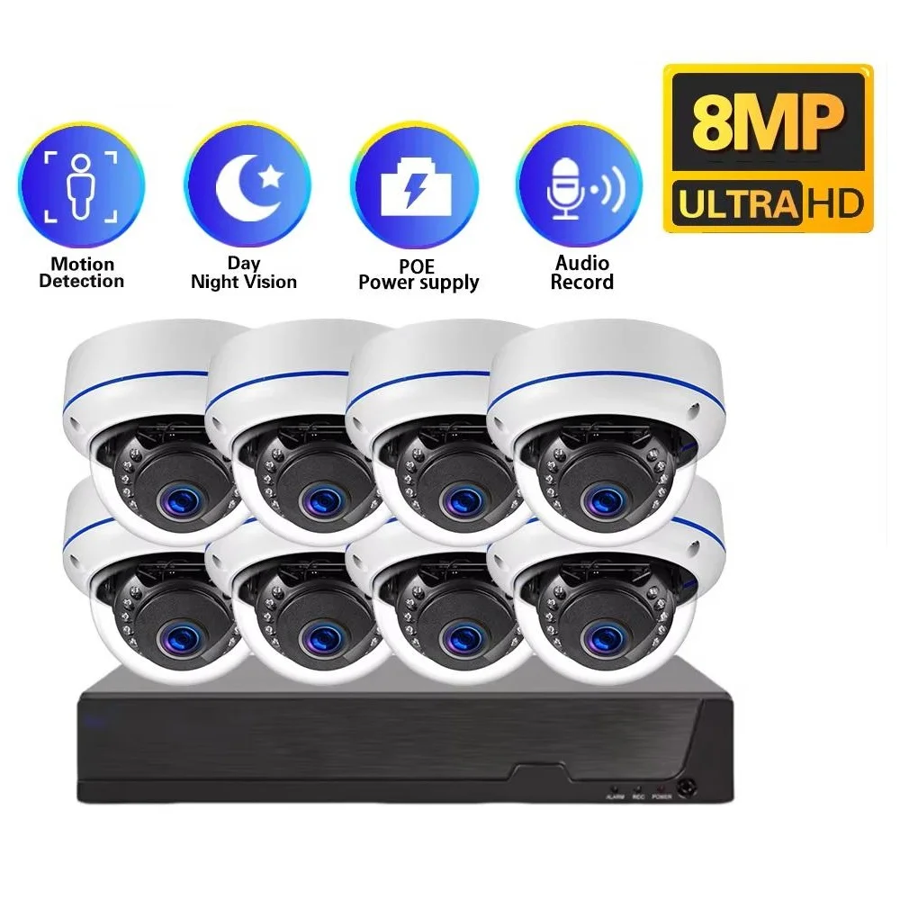 

8MP Hik Compatible PoE CCTV Dome Camera 8 Channel Waterproof Audio Outdoor IP Network DVR NVR Kit 8CH 4K Security Camera System