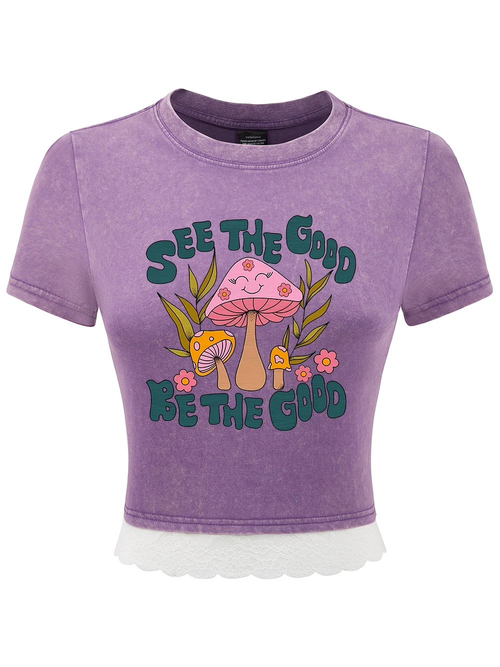

Be The Good Happy Mushroom Print Cotton Washed T-Shirts Women Summer Y2K Lace Hem Crop Tees Regular O-Neck Tops Casual Clothes
