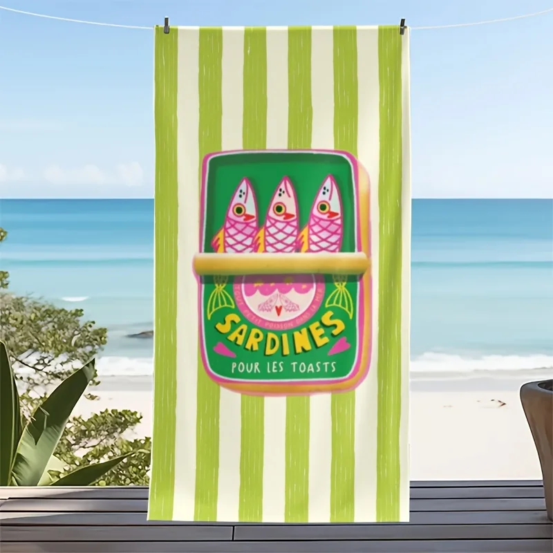 

Пляжное полотенце Sardine Can в ретро-стиле, зеленое в полоску, с принтом рыбы, быстросохнущее, из микрофибры, не впитывающее песок, французский винтажный подарок